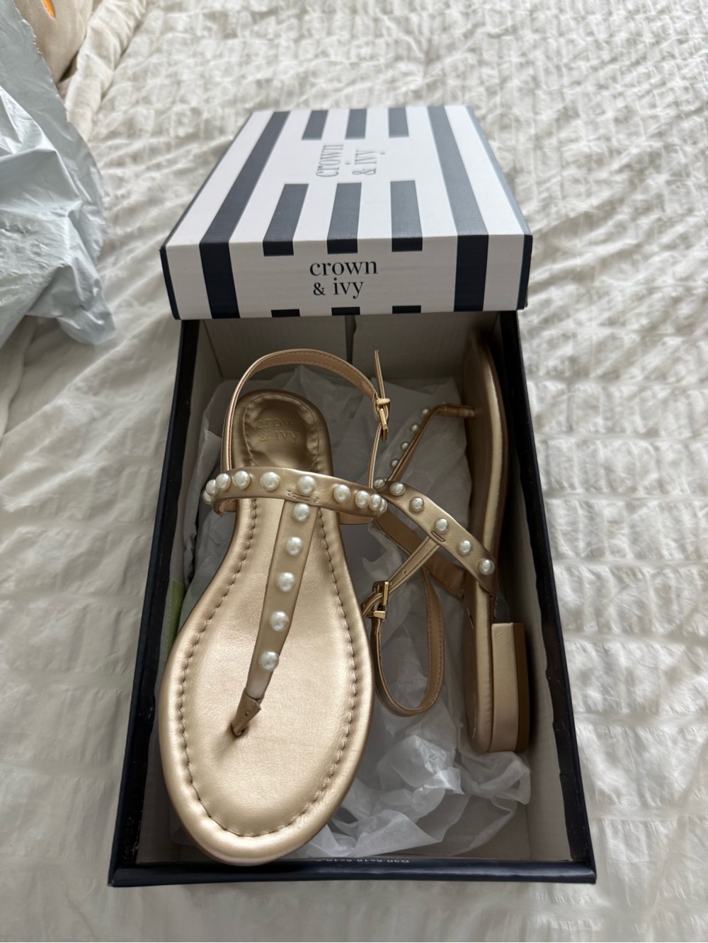 crown & ivy Gold Pearl T-Strap Sandals